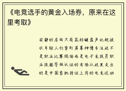 《电竞选手的黄金入场券，原来在这里考取》